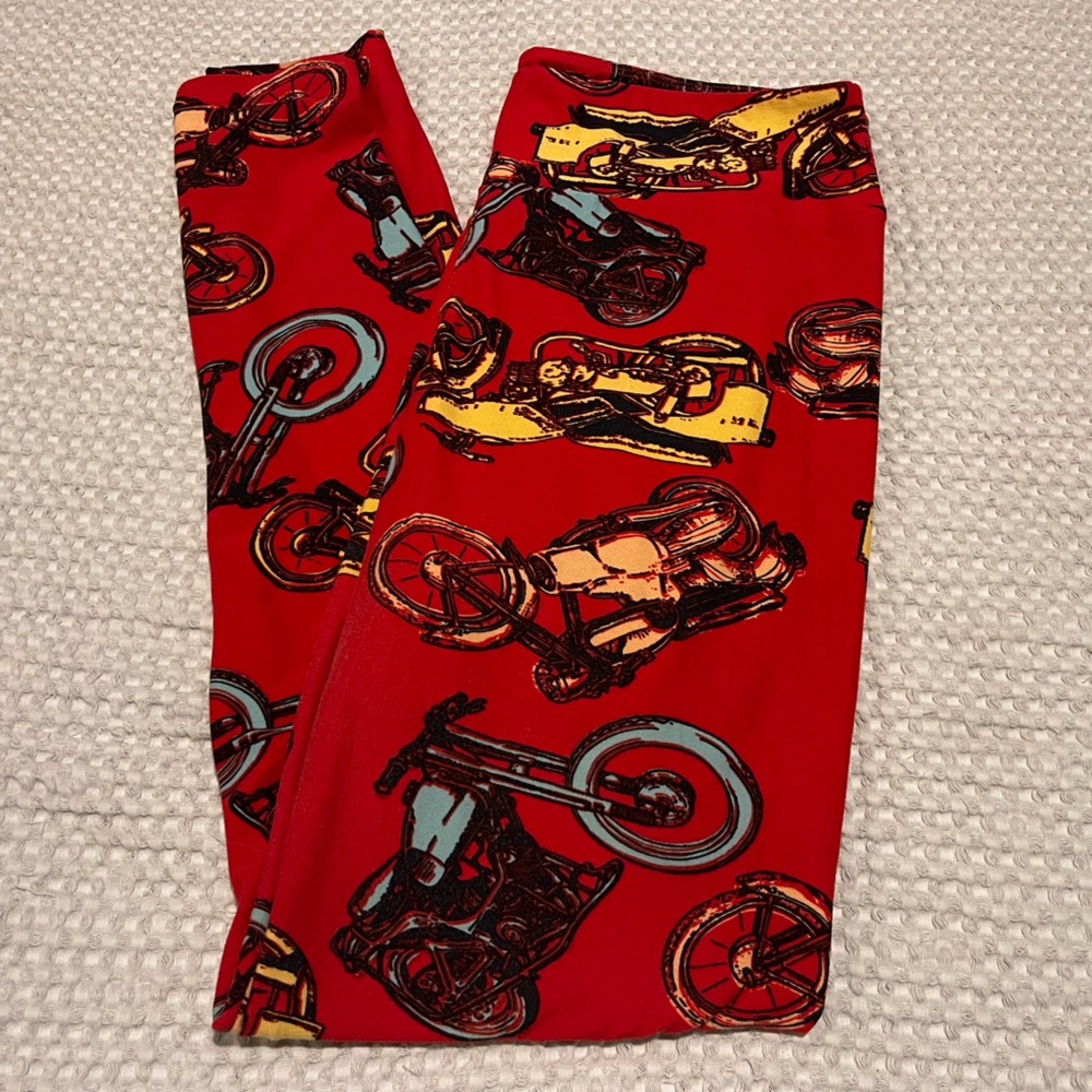 LuLaRoe Tall & Curvy Red Leggings • Pastel Motorcycle Print